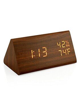 Wooden LED Alarm Clock Digital Bedroom Desk Clock USB Temperature Humidity